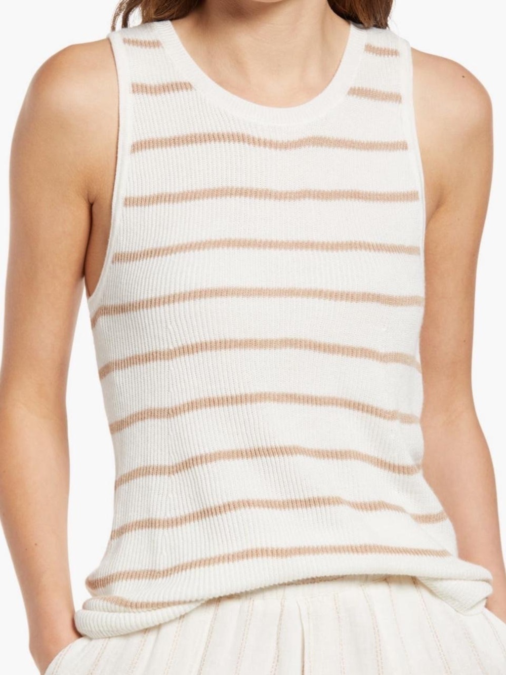 Splendid Women’s Ivory and Tan Brown Striped Sleeveless Sweater, Size Small